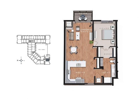 Floor plan for 1 bed, 1 bath, 839 sqft